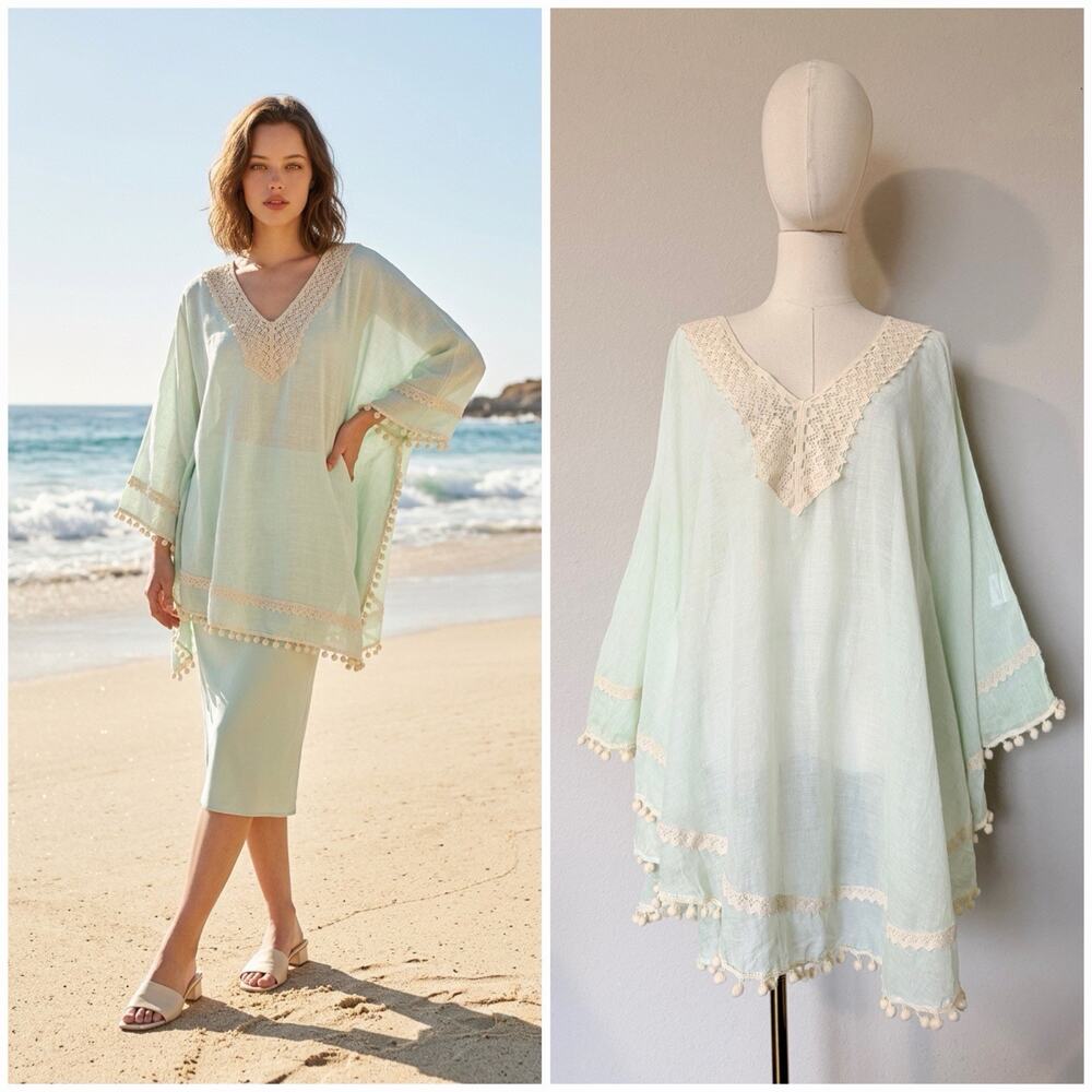 NWT Shiraleah Chicago Mint Green Pom Pom Crochet Cover Up Tunic Cotton NEW